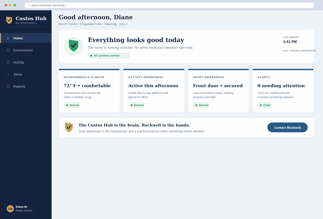 Custos Hub members portal home dashboard showing an at-a-glance status that the home is running normally.