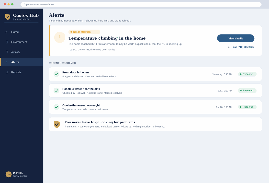 Custos Hub portal alerts view showing an item that needs attention and a history of resolved items.